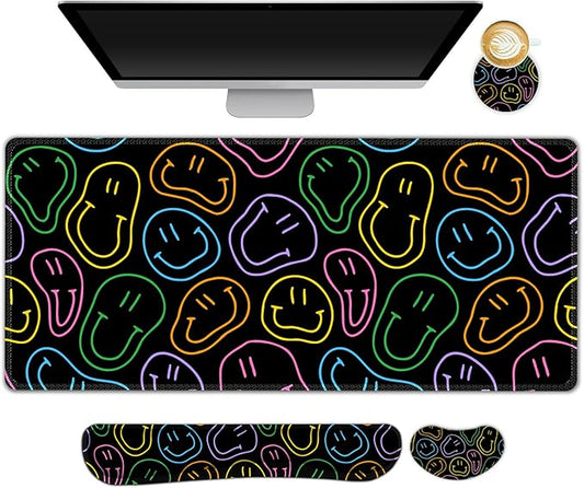 Large Gaming Mouse Pad Set, 4 in 1 Extended Keyboard Desk Mat with Wrist Rest, Computer Game Mousepad, Non-Slip Desk Pad Protector Easy Typing Pain Relief for Home Office I Black Retro Hippie