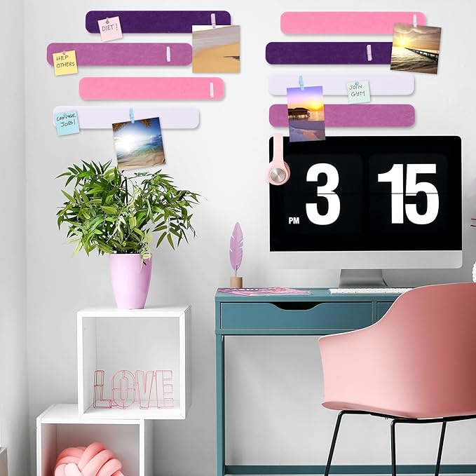 8 Pcs Felt Pin Board Bar Strips Bulletin Board 50 Pushpins and 10 Wooden Clip Pins Self Adhesive Cork Boards for Offices Home Wall Display Photos, Paste Notes, Schedules(Pink)