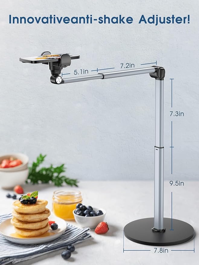 Heavy Duty Aluminum Overhead Phone Stand for Recording, Adjustable iPhone Tripod for Overhead Shots, Sturdy Stand for Cooking, Crafting, Filming, Painting – Perfect for Creators（Clip）