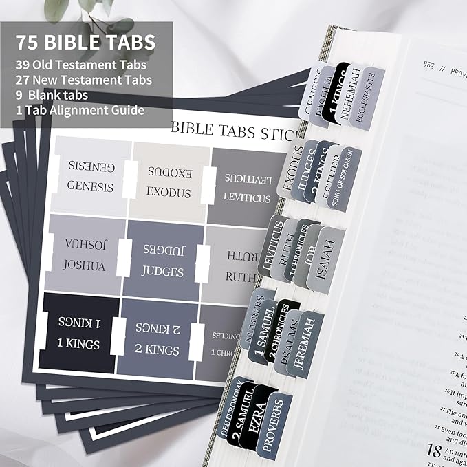 Bible Tabs for Women & Men, Laminated Bible Tabs for Study Bible, Large Print Bible Tabs for Easy Navigation, Bible Index Tabs, 66 Tabs Old & New Testament, Extra 9 Blank Tabs - Gray