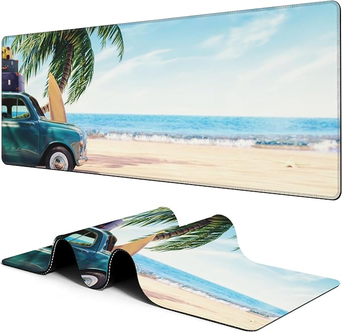 Large Mouse Pad Green Car with Luggage Extended Gaming Mousepad Summer Beach Desk Pad with Non-Slip Base and Stitched Edge Keyboard Pad 11.8 x 31.5 Inch Mouse Mat for Home Office Desk Decor