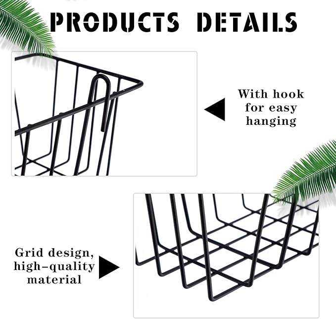 Fumete 9 Pcs Wall Grid Hanging Basket Shelf Hooks Set Includes 3 Basket 3 Wire Straight Shelf and 3 Hooks for Storage Display Organizer Grid Wall Accessories(Black)
