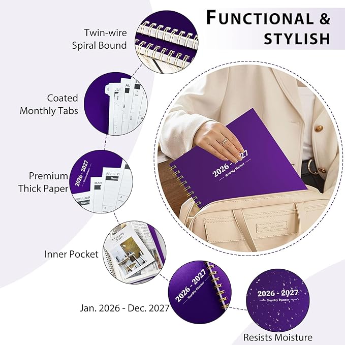 Ymumuda 2026 Planner-2 Year Monthly Planner 2026-2027, JAN.2026 - DEC.2027, 8.5" x 11", 26-27 Monthly Calendar,Large Planner with Spiral Bound, 24 Months Perfect for School Office Schedule - Purple