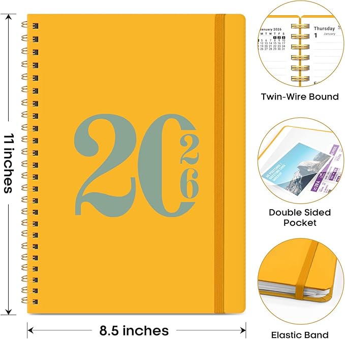 2026 Planner, Weekly and Monthly Calender Planner, Jan 2026 to Dec 2026, Hardcover 2026 Calendar Book with Tabs & Inner Pocket, Office Home School Supplies for Women & Men - A4 (8.5" x 11"), Yellow