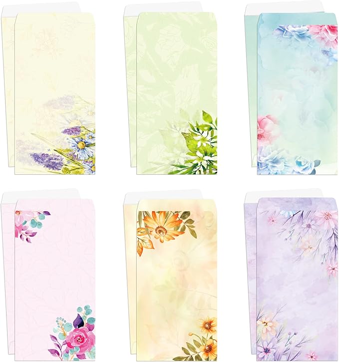 Paper Master Envelope Set 12 Packs Of Flora Letter Envelopes, Decorated Printer Stationery Paper Sets, With a Variety Of Designs And Automatic Aealing，9.7X4.7Inches