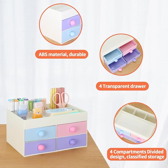 LETURE Desk Organizer with Drawer, Desktop Accessories Stationary Organizer Desk Caddy, Pen/Pencil/Business Card/Sticky Note Tray/Paperclip Holder Storage Box (Colorful A)