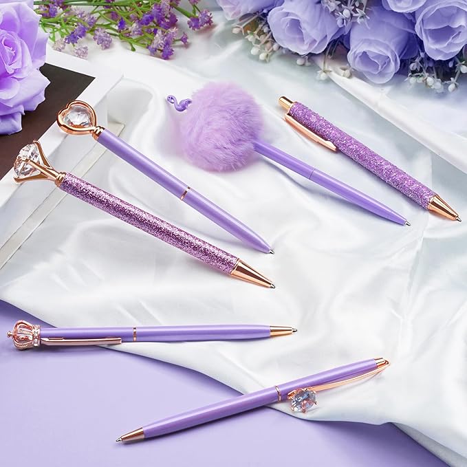 WEMATE 8Pcs Purple Pens, Metal Crystal Diamond Pen with Black & Blue Ink, Pens for Journaling, Office Supplies Fancy Pens for Women, Back to School Supplies for Girls Birthday (Purple)