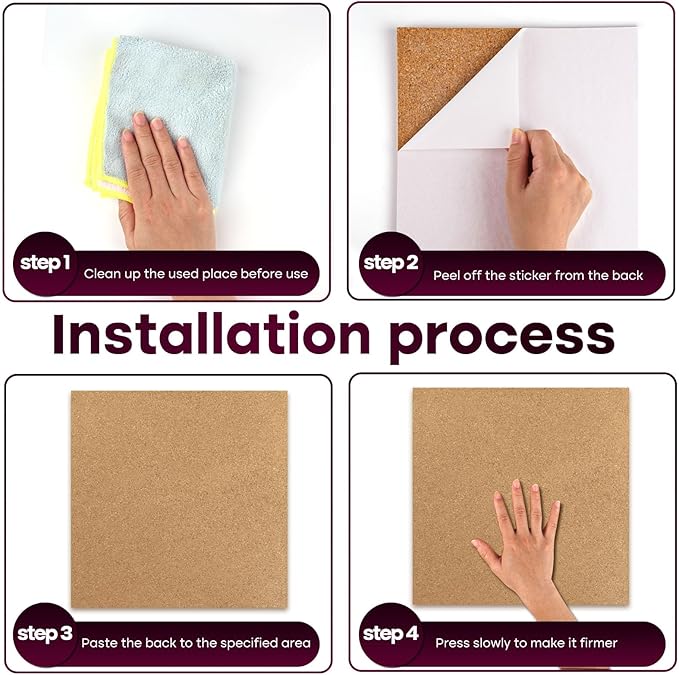Cork Board 6 Pack 12"x12" - 1/2" Bulletin Boards Self Adhesive Corkboards for Wall School Home Office with 100 Push Pins