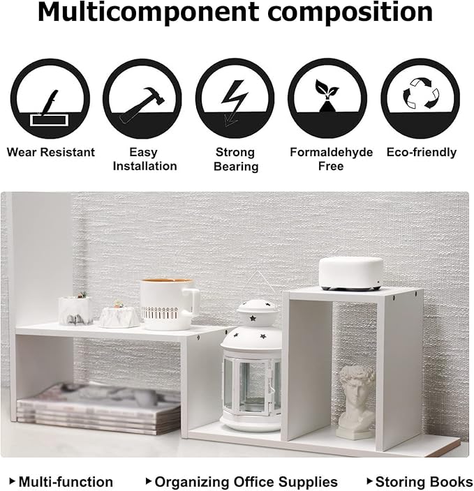 MASAKA B&W - Kawaii Storage Desktop Organizer for Your Desk Space, Double H Plants Display Shelf, Home Office Storage Rack Adjustable Stackable for Office, Dormitory (White*02)