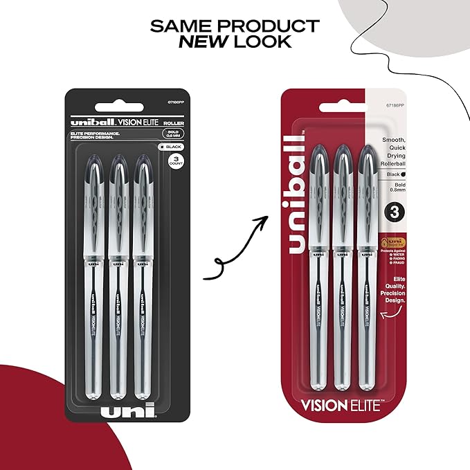 uniball Vision Elite Rollerball Pens, Bold Point (0.8mm), Black, 3 Pack