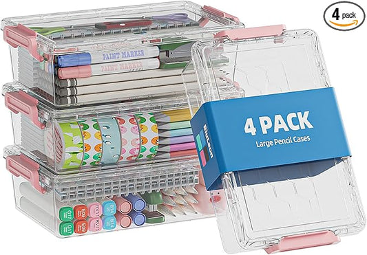 4 Pack Extra Large Pencil Box, Plastic Pencil Case Organizer, Clear Crayon Box Marker Organizer, Stackable Craft Organizers and Storage for Pen, Craft, Art Supply(Pink)