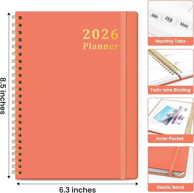 2026 Planner, Weekly and Monthly Calendar Planner, January 2026 - December 2026, Hardcover 2026 Calendar Book with Tabs For Women & Men, Inner Pocket, Spiral Bound, Perfect for Office Home School Supplies - A5 (6.3" x 8.5"), Coral