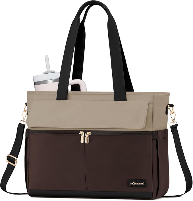 LOVEVOOK Laptop Bag for Women 15.6 Inch Canvas Laptop Large Capacity Work Bags Mutiple Pockets Teacher Bag Water Resistant Computer Bags for Business Travel Nurse, Apricot-coffee