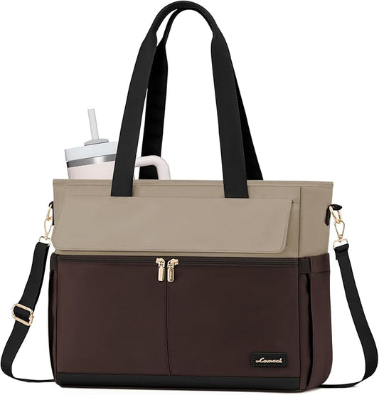 LOVEVOOK Laptop Bag for Women 15.6 Inch Canvas Laptop Large Capacity Work Bags Mutiple Pockets Teacher Bag Water Resistant Computer Bags for Business Travel Nurse, Apricot-coffee