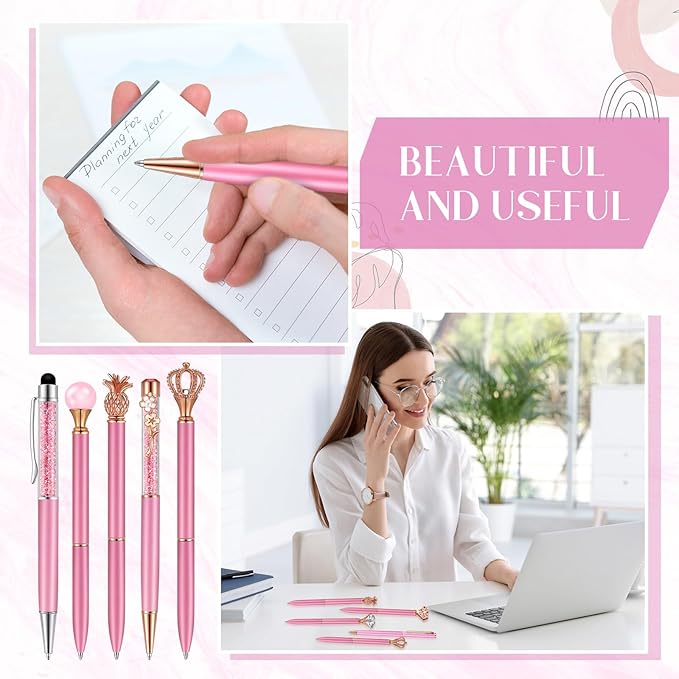 Janmini 9 Pcs Ballpoint Pens Set Metal Crystal Diamond Glitter Pens for Journaling Black Ink Pretty Cute Things Fancy Stationery Gifts for Women Girls Birthday Home Office Desk(Pink Purple)