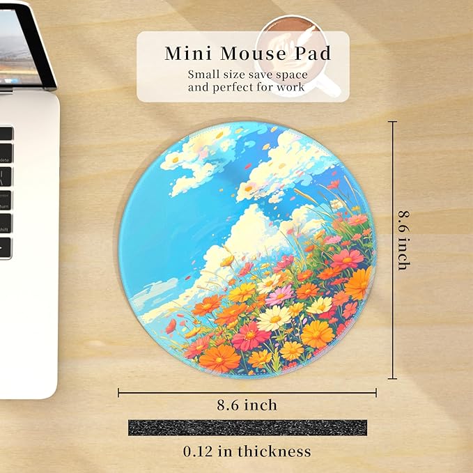 Mouse Pad for Desk, Floral Clouds Small Cute Mousepad with Non-Slip Base, Round Mouse Pads for Wireless Mouse Laptop Gaming, Computer Mouse Mat for Home Office Travel Desk Accessories