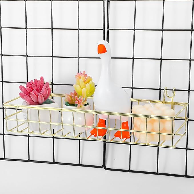 Metal Mesh Wall Grid Panel Hanging Basket,Display Shelf,Pen Holder,Hooks Rack,Bookshelf,Decorative Desk Storage Organizer for Office,Study,Set of 5 (Gold)