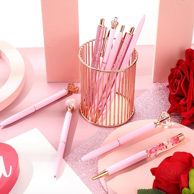 Janmini 9 Pcs Ballpoint Pens Set Metal Crystal Diamond Glitter Pens for Journaling Black Ink Pretty Cute Things Fancy Stationery Gifts for Women Girls Birthday Home Office Desk(Pink)