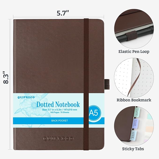 Bullet Dotted Journal Hardcover Notebook, A5 140 Pages 120Gsm Thick Paper for School,Note Taking,Work,Diary，5.7''*8.3'',Brown