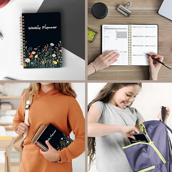 Weekly Planner Undated - 52 Weeks To Do List Notebook A5 for Work: Weekly Task, Habit Tracker Journal, Goal Setting, Agenda Sprial Bound Organizer Book Women Cute Stylish Design, Black Flower
