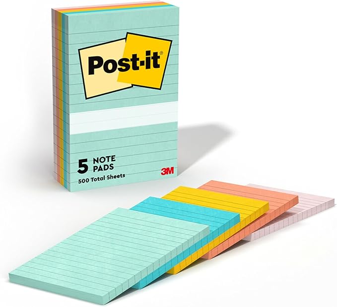Post-it Notes, 4 in x 6 in, 5 Lined Sticky Note Pads, 100 Sheets per Pad, Beachside Café Collection, School Supplies and Office Products (Pack of 12)