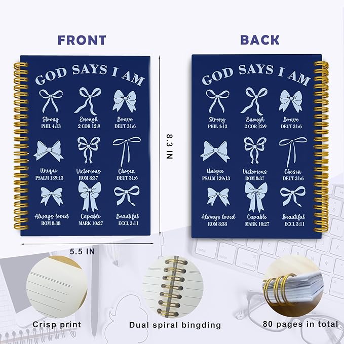 THDSE Bible Journal for Women, Christian Prayer Journal Notebook Gifts for Teen Girls Kids, Bible Study Supplies, Cute Bows Church Faith Journaling Hardcover Spiral Notebook 5.5 X 8.3(Navy Blue)
