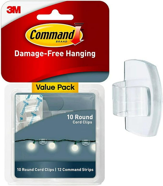 Command Round Cord Clips, 4-Pack of 10 Cord Clips and 12 Strips, Damage Free Hanging Cable Clips, No Tools Wall Clips for Hanging Electrical Cables