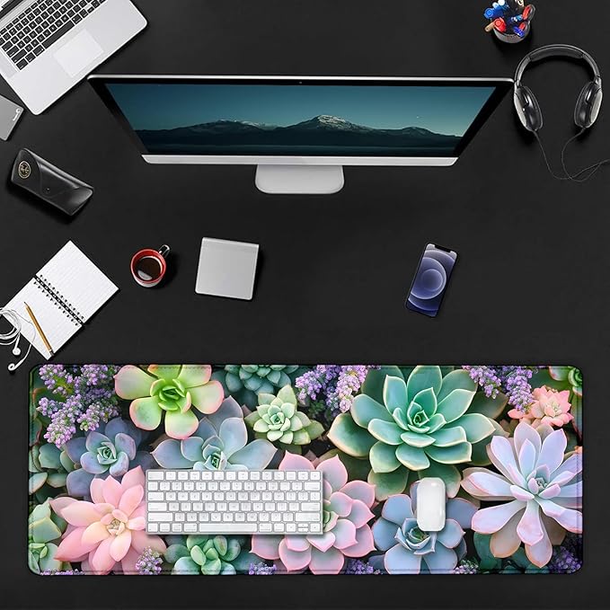 Cute Succulent Plants Large Mouse Pad, Desk Mat Computer Keyboard Pad Non-Slip Rubber Base Waterproof with Stitched Edges for Laptop Gaming, Office & Home 31.5 x 11.8 Inch (XL-17)