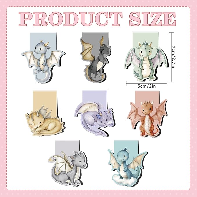 Cute Dragon Magnetic Bookmarks, 8 Pcs Fun Animal Book Marks for Reading Kids Boys Girls, Magnetic Bookmark Clips for School Supplies, Birthday Christmas Gifts for Book Lovers