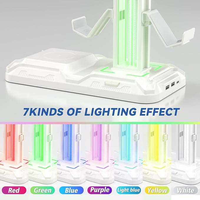 KDD RGB Headphone & Controller Stand with Wireless Charging - Rotatable Headset Stand with 9 Light Modes - Controller Holder with 2 USB and Type C Ports - for Gamers Desktop Accessories(White)