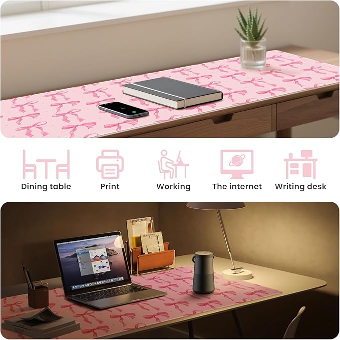 Large Pink Mouse Pad with Bows, 35.4 x 15.7in Full Desk Mat Pink Keyboard Mat Cute Computer Mouse Pad Home Office Supplies Accessories, Non-Slip Rubber Base Extra Large Gaming Mousepad, Girly Décor