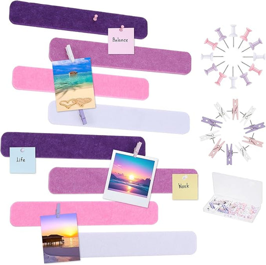 8 Pcs Felt Pin Board Bar Strips Bulletin Board 50 Pushpins and 10 Wooden Clip Pins Self Adhesive Cork Boards for Offices Home Wall Display Photos, Paste Notes, Schedules(Pink)