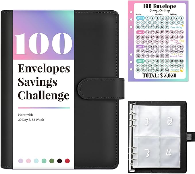 Sooez 100 Envelope Money Saving Challenge Book with 100 Pocket Pre-Numbered & Reusable Laminated Tracker, Money Saving Binder 100 Pocket Pre-Numbered,Money Book, Cool Christmas Gifts