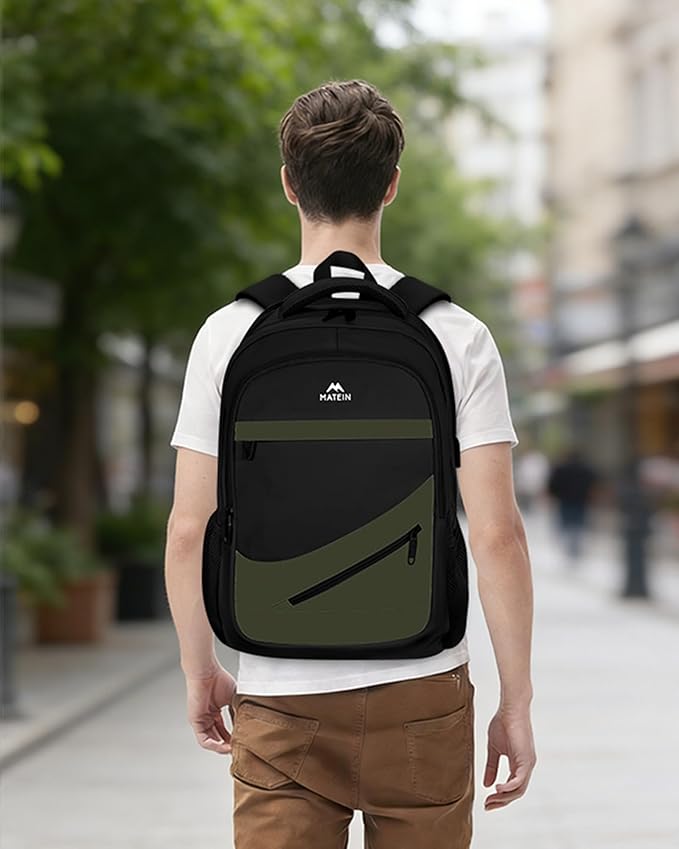 MATEIN 17 Inch Laptop Backpack for Work, Airline Approved Carry On Travel Backpack with USB Charging Port and Luggage Strap, Water Resistant College Computer Daypack Gifts for Men Women, Black Green