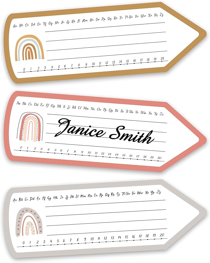 Pencil Name Tags, Self Adhesive Boho Rainbow Themed Name Tags for Classroom, Pencil Stickers Decorations for Student Desks, Labels for Kindergarten Locker, 08