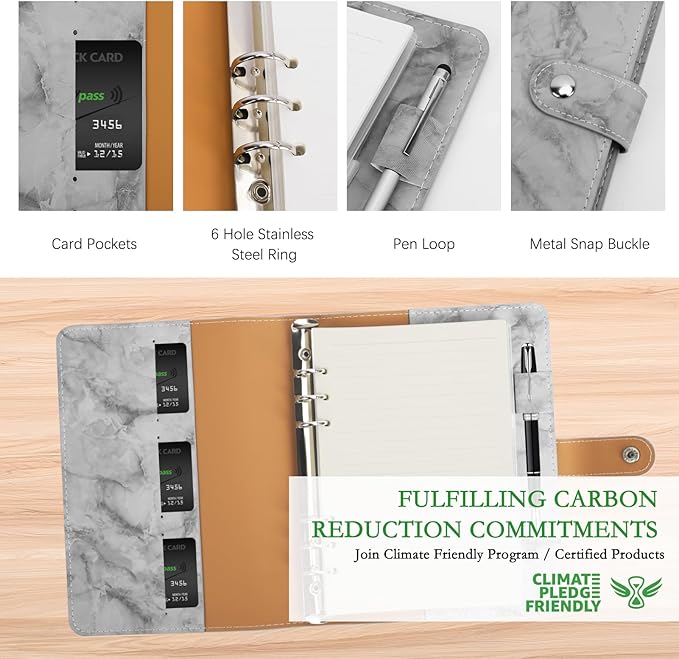 FYY A5 Binder Refillable Planner Notebook 6 Ring PU Leather Binder Journal with Pockets, Dividers, Refill Paper Marble Grey