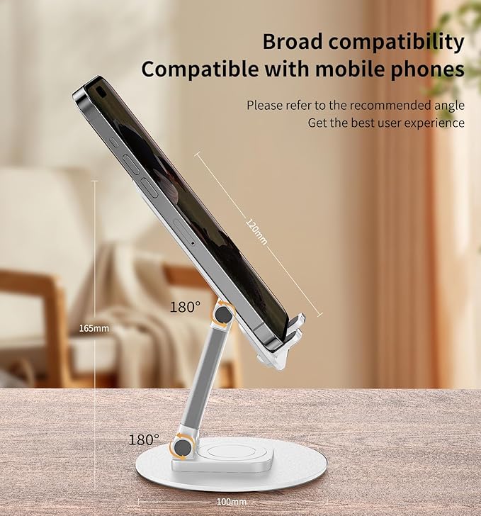 360° Degree Rotating Mobile Phone Holder,Fully Adjustable Foldable Desktop Phone Holder Stand Base,Foldable Desktop Cell Phone Stands for iPhone17 16 15 Pro Max Plus iPad Samsung (K39B-White)