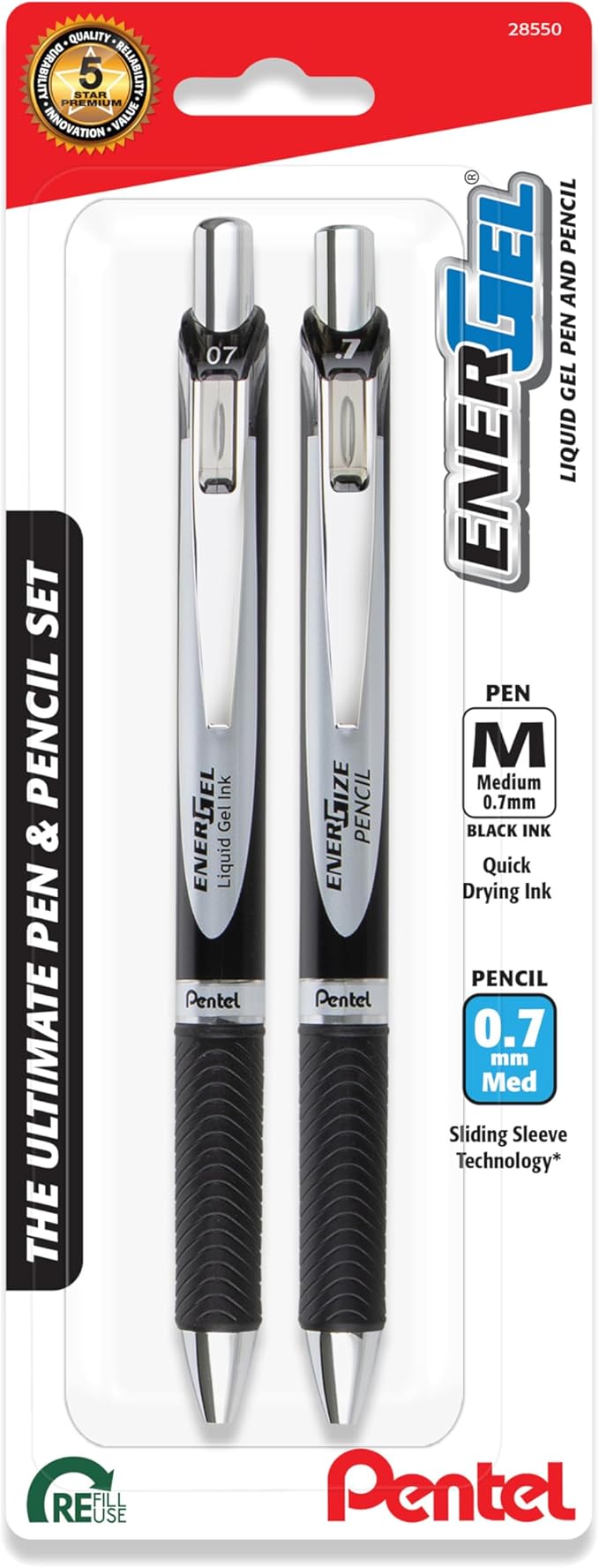 Pentel EnerGel RTX Gel Pen and EnerGize Mechanical Pencil Set, (0.7mm), Black Barrel, Black Ink, HB Lead (BLPL77XBP2A)