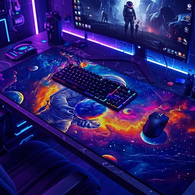 Manicer Blacklight Space Astronaut Mouse Pad – UV Reactive Neon Galaxy Mat, Glow in The Dark Extended Gaming Mousepad with Colorful Cosmic Art for Office, Gamers & Room Decor - 31.5" x 11.8"