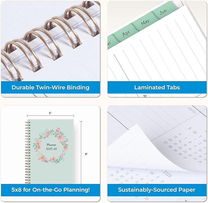 Blue Sky Weekly and Monthly Academic Year Planner Calendar, July - June, Flexible Cover, Wirebound, Laminated Tabs, Laurel (Laurel- 2025/2026, 5" x 8")