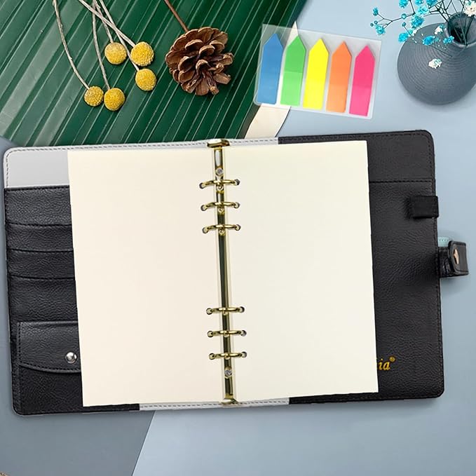 Harphia A6 6 Holes Binder Refill Value Set, 90sheets Plain Blank Loose Leaf Paper with Stickers and dividers, Planner Inserts with Binder Pockets for A6 Binder 6 Holes refillable Notebook,005dA6blank