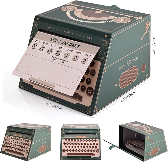2026 Calendar with Pull-Out Box, Desktop Decoration Weekly Calendar Vintage Typewriter Themed with Tear-off Sheet, Holiday Marking, Ideal New year Gift for Teenage Women Desk accessory Lover