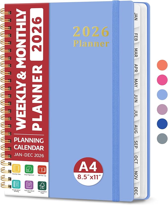 2026 Planner, Weekly and Monthly Calendar Planner, January 2026 - December 2026, Hardcover 2026 Calendar Book with Tabs For Women & Men, Inner Pocket, Spiral Bound, Perfect for Office Home School Supplies - A4 (8.5" x 11"), Lavender