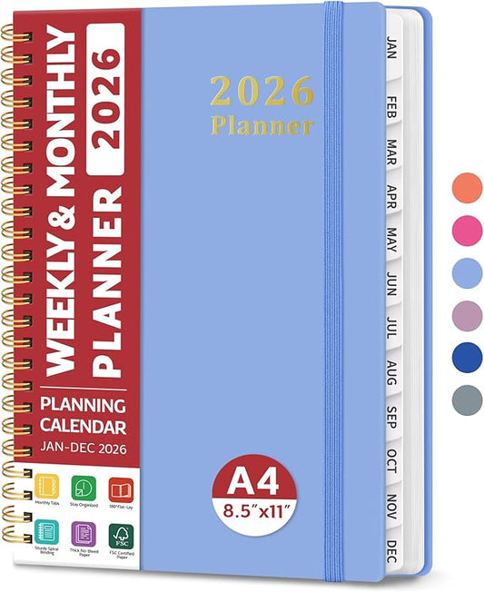 2026 Planner, Weekly and Monthly Calendar Planner, January 2026 - December 2026, Hardcover 2026 Calendar Book with Tabs For Women & Men, Inner Pocket, Spiral Bound, Perfect for Office Home School Supplies - A4 (8.5" x 11"), Lavender