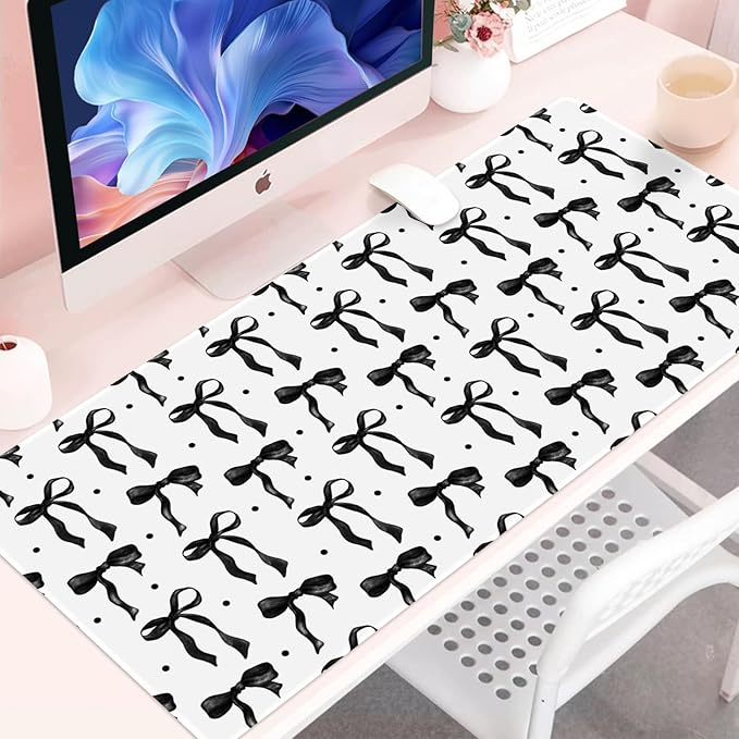 Cute Mouse Pad, Black and White Desk Mat with Bows Computer and Keyboard Mat, Non-Slip Rubber Base Laptop PC Pad, XXL Large Mouse Mat Desktop Pad Home Office Accessories for Girl 35.4 x 15.7in