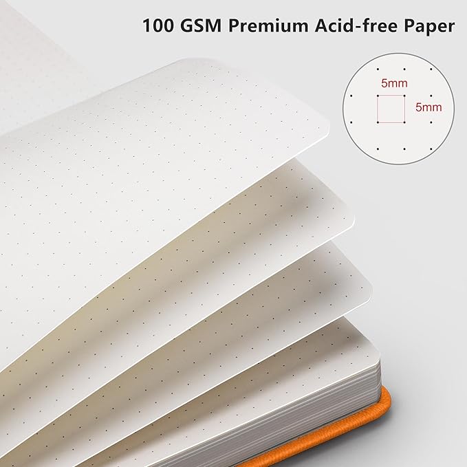 RETTACY Dotted Journal Notebook, 192 Pages, A5 Medium Size (5.7'' x 8.3''), Leather Hardcover, 100 GSM Thick Paper, for Bullet Journaling, Planning, Tracking (Orange)