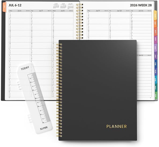 SUNEE 2026-2027 Appointment Book, Quarter-Hourly, Weekly & Monthly - from July 2026 to June 2027, 8.5"x11" Academic Planner, Flexible Cover, Note Pages, Bookmark, Spiral Binding, Black