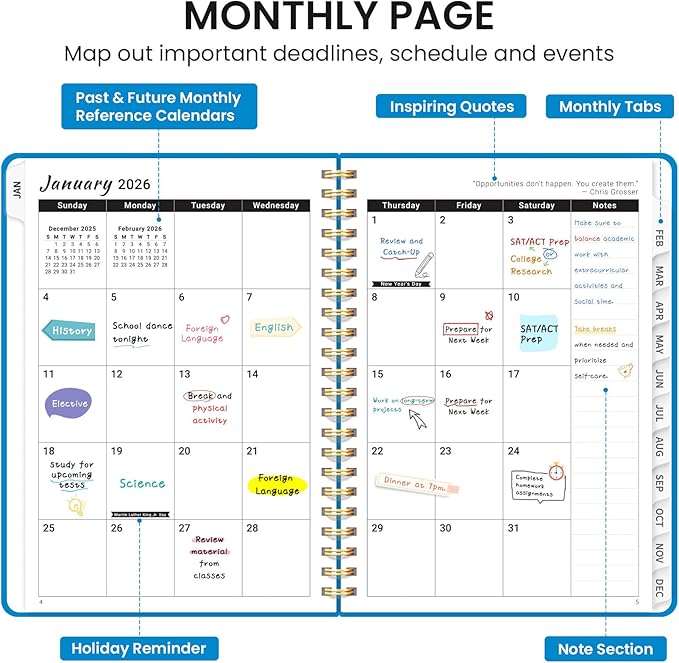 2026 Planner, Weekly and Monthly Calendar Planner, January 2026 - December 2026, Hardcover 2026 Calendar Book with Tabs For Women & Men, Inner Pocket, Spiral Bound, Perfect for Office Home School Supplies - A5 (6.3" x 8.5"), Azure Blue