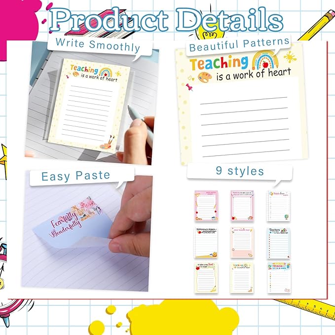 Teacher Sticky Notes Gifts - 9 Pack Inspirational Sticky Notes 3x4 Inch Thank You Teacher Appreciation Week Gifts Post Self-Stick Memo Pad Office School Supplies 450 Sheets