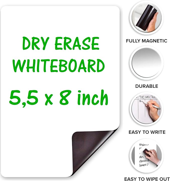 Small Magnetic Whiteboard for Fridge 5x7 in - Dry Erase Board for Refrigerator - Small Magnet List for Frig - Magnetics White Board Sheet - Fridge List Magnet - Mini Magnetic Grocery Shoping